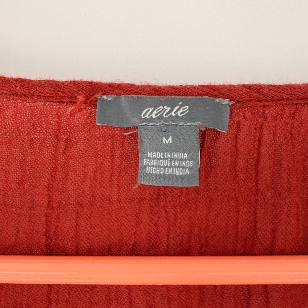 Aerie Top Women Medium Red Cotton Gauze V-Neck Long Sleeve Boho Beachy‎ Crinkle - Picture 2 of 6